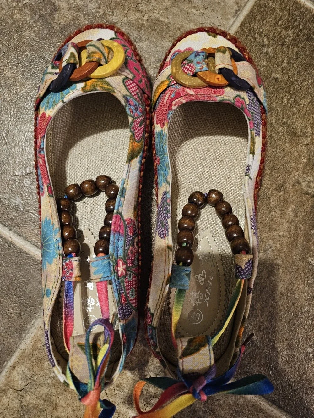 Xiruyi Bohemian Floral Canvas Flats Wooden Bead Ankle Strap Rainbow Tie Size 9